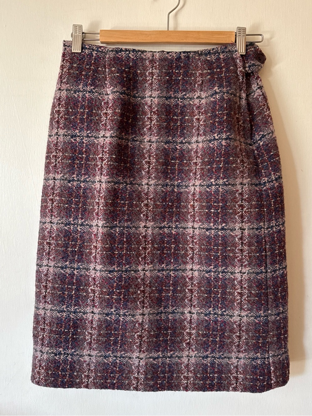 Vtg May of London Wool A-Line Pencil Skirt Burgundy/Grey/Blue Lined 28W Sz 6